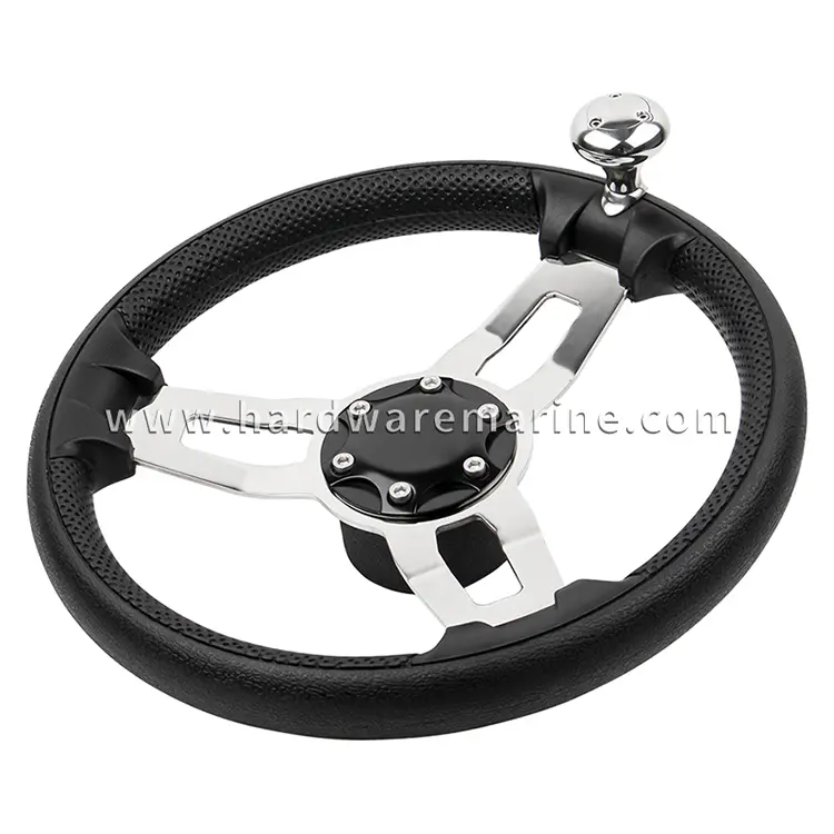 Stainless Steel PU Foam 3-Spoke Boat Steering Wheel dengan Knob